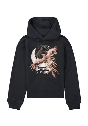 Sweat à capuche noir avec un phénix rose et doré volant devant un croissant de lune et un soleil, avec le texte "Esprits Aventuriers" et "Garcia".