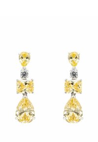 Pendientes de gota de gema amarilla que presentan tres niveles: una parte superior en forma de pera, un acento de diamante redondo y una sección media rectangular, todo engastado en plata.