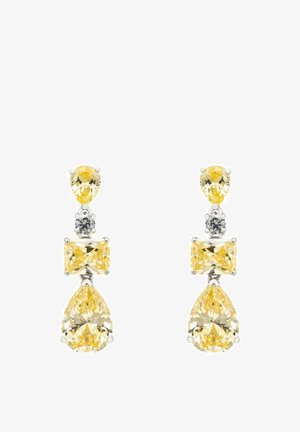 Boucles d'oreilles à drop en pierre précieuse jaune comportant trois niveaux : un haut en forme de poire, un accent rond en diamant et une section intermédiaire rectangulaire, le tout monté en argent.