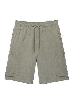 Cargo shorts in een gedempte groene kleur met een elastische tailleband en een trekkoord, zijzakken en een zachte, gemêleerde stof.
