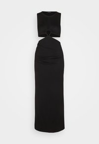 Robe maxi noire sans manches avec découpe frontale et détail nœud torsadé à la taille sur un fond clair uni.