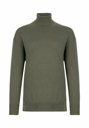 Olivengrøn turtleneck sweater i blødt strikstof, med dropped shoulders og ribbede manchetter og kant for en afslappet pasform.