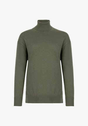 Pull à col roulé vert olive en tissu tricoté doux, avec des épaules tombantes et des poignets et un ourlet côtelés pour une coupe décontractée.