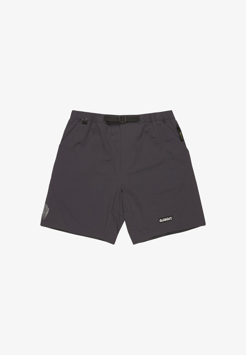 Dark gray swim shorts made from lightweight fabric. Features a front belt with a buckle, two side pockets, and a logo on the hem.