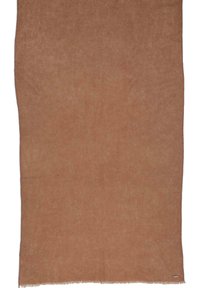 Brun cashmere-bland tørklæde, rektangulær form, blød tekstur, enkelt design, afsluttede kanter med diskret frynse, lille logoetiket på den ene kant.