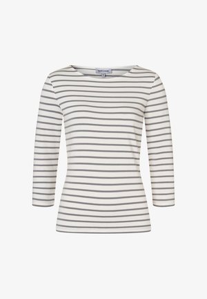 Gestreiftes Langarmshirt aus weichem Stoff; mit einem Bootsausschnitt und horizontalen grauen und weißen Streifen. Legere Passform und glatte Textur.