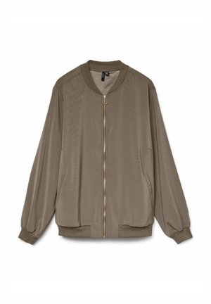 Kakavos spalvos bombonešiška striukė su užtrauktuku, riboto audinio apykakle ir rankogaliais, šoninėmis kišenėmis ir lygiu audiniu. Auksinės spalvos užtrauktuko detalė.