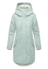 Mintgrøn mellemlang frakke med hætte, der har to forlommer, knaplukninger og en glat tekstur. Inderforingen er let.