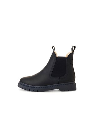 Schwarze Chelsea-Stiefel mit einer glatten Lederoberfläche, elastischen Seitenpaneelen und einer strukturierten Gummisohle. Mit weichem Fell gefüttert für zusätzliche Wärme.
