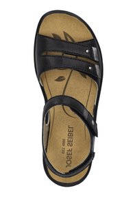 Schwarze Ledersandale mit zwei Riemen-Design, ausgestattet mit metallischen Akzenten und einer gepolsterten, hellbraunen Fußbett mit Blattmustern.