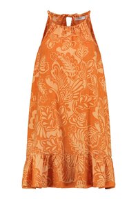 Vestido de verano naranja con cuello halter, que presenta un patrón floral y un dobladillo con volantes. Hecho de tela ligera, tiene un cierre con lazo en la parte posterior.