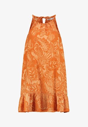 Oranje zomerjurk met een halternek, voorzien van een bloemenpatroon en een gerimpelde zoom. Gemaakt van lichtgewicht stof, heeft het een striksluiting op de rug.