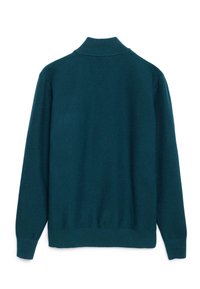 Pull en teal texturé avec un col haut et des manches longues, présentant un col et des poignets côtelés, design minimaliste, vue arrière.