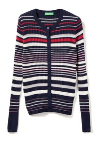 Námořnický svetr s ribovanou texturou, s vodorovnými pruhy v červené, bílé a růžové barvě. Uzavírá se na šest knoflíků a má kulatý výstřih.