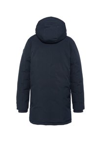 Chaqueta acolchada navy con capucha, que presenta una textura suave, costuras visibles y puños elásticos, diseñada para proporcionar calidez y aislamiento.