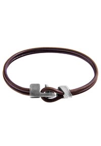 Brown leather bracelet featuring a double loop design with a silver metal clasp. The clasp has a geometric shape and textured surface.