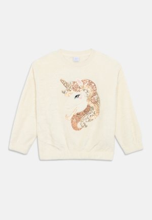 Cream-colored sweatshirt with long sleeves, featuring a sequined unicorn design in shades of gold, pink, and white on the front. Soft texture.