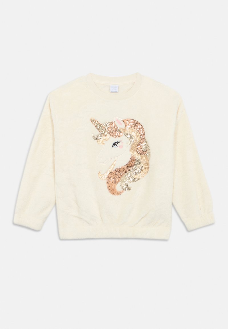 Κρεμ φανελένιο sweatshirt με μακριά μανίκια, με σχέδιο μονόκερου από παγιέτες σε αποχρώσεις χρυσού, ροζ και λευκού μπροστά. Μαλακή υφή.