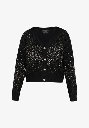 Černý dlouhý rukáv kardigan s výstřihem do V, ozdobený rozptýlenými stříbrnými flitry a čtyřmi velkými lesklými knoflíky vpředu.