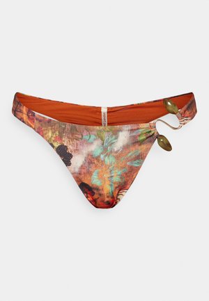 Bikini bottom with a floral and abstract print in warm orange tones. Features a smooth texture and a gold accent with a green bead detail.