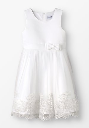 Ärmelloses weißes Kleid mit einem taillierten Oberteil, einer Satin-Schleife in der Taille und einem durchscheinenden Rock mit bestickter Blumen-Spitze am Saum.