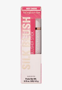 Bastón de rubor en un envase blanco con acentos dorados, empaquetado en una caja rosa con texto en negrita y un patrón floral. Peso neto: 4.5 g.