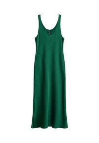 Mouwloze, effen donkergroene midi-jurk met een ronde halslijn en een zwierige A-lijn silhouet.