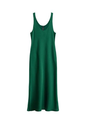 Robe midi sans manches, de couleur vert foncé uni, avec un décolleté en forme de scoop et une silhouette évasée fluide.