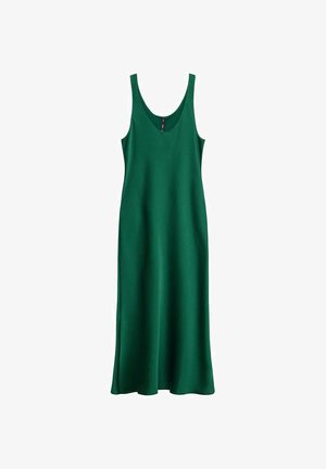 Vestito midi senza maniche, di colore verde scuro solidale, con scollatura rotonda e silhouette fluida a forma di A.