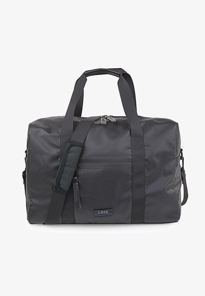 Bolsa de deporte negra hecha de tela duradera, con asas dobles, correa de hombro ajustable, cierre de cremallera y bolsillo delantero con cremallera.