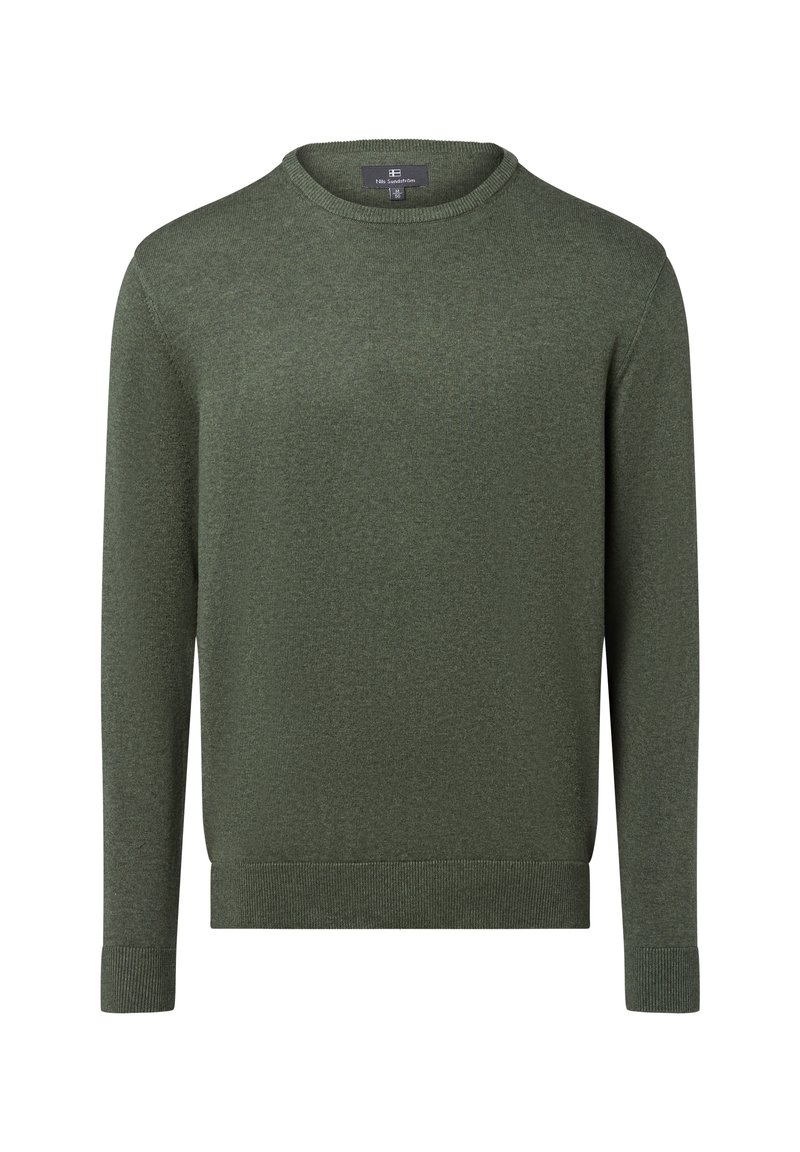 Grüner Pullover mit rundem Ausschnitt und langen Ärmeln, aus glattem Stoff gefertigt. Verfügt über gerippte Bündchen und Saum für eine figurbetonte Passform.