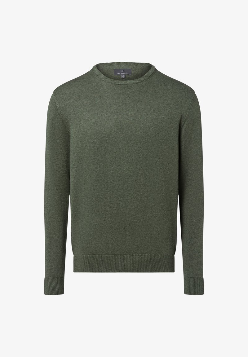 Pull vert à col rond et manches longues, fabriqué en tissu lisse. Doté de poignets et d'un ourlet côtelés pour un look ajusté.