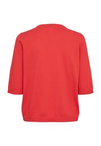 Pull rouge en maille à manches courtes avec col, poignets et ourlet côtelés, présenté de dos sur fond blanc.