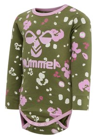 Långärmad bodysuit i olivgrön bomull, med rosa och vita blommönster, rund halsringning och tryckknappar i botten.