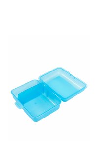 Contenitore per il pranzo in plastica, forma rettangolare, colore blu trasparente, interno suddiviso con divisorio rimovibile, coperchio a scatto per una chiusura sicura.