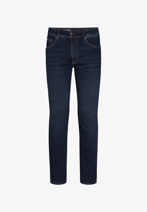 Jeans in denim blu scuro con vestibilità slim, dotati di chiusura a bottone, design a cinque tasche e leggera scoloritura sul tessuto.