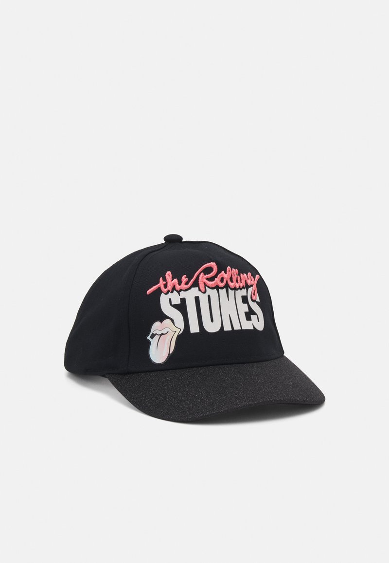 Svart caps med brodert tekst "the Rolling Stones" i rosa og hvitt, med et grafisk bilde av en tunge foran, teksturert skygge.
