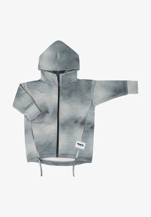 Sweat à capuche gris tie-dye pour enfant avec fermeture éclair à l'avant, capuche, manches longues, et étiquette de marque près de l'ourlet sur fond blanc.