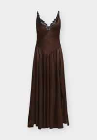 Brown satin dress with a flowing skirt, deep V-neck, and black lace trim on the neckline. Features gathered fabric for added texture.