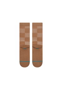 Brown patterned socks with a checkered design, featuring a ribbed cuff and a blue accent line at the toe. Textured knit material.