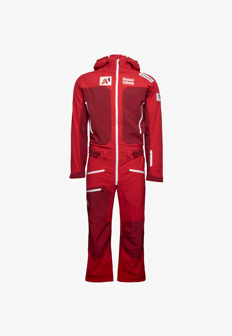 Rode skikleding met een ritssluiting aan de voorkant, verstelbare capuchon en meerdere ritszakken. Gemaakt van duurzame, waterafstotende stof met contrasterende paneelontwerpen.