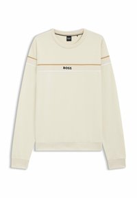 Crèmekleurig sweatshirt met ronde hals, voorzien van een zwart "BOSS" logo en twee horizontale strepen in beige en wit over de borst.