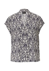 Blouse à manches courtes en bleu marine et crème, ornée d'un motif de feuilles, avec un décolleté en V et une coupe décontractée. Fabriquée en tissu léger.