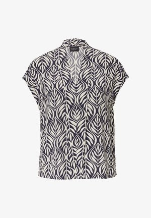 Short-sleeve blouse in navy and cream, featuring a leaf pattern, with a V-neck and a relaxed fit. Made from lightweight fabric.