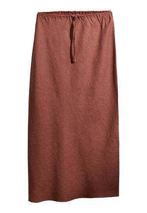 Miedziana spódnica midi z elastycznym pasem i sznurkiem z przodu, wykonana z lekkiego materiału o prostej sylwetce.