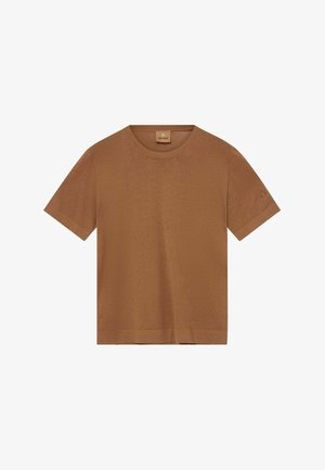 Bruin T-shirt met korte mouwen en ronde hals, met opgerolde manchetten en een klein geborduurd logo op de linkermouw.