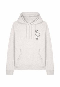 Felpa grigia realizzata in tessuto morbido, caratterizzata da una tasca a marsupio frontale e un contorno nero di un tulipano sul lato sinistro del petto. Polsini e orlo a costine.