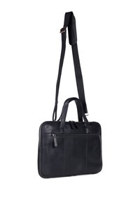 Sort læder arbejdstaske med dobbelte top håndtag, aftageligt skulderrem og for-zip lomme. Har en glat tekstur og struktureret design.