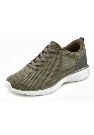 Green knit athletic shoe with a textured upper, round toe, light gray laces, and a white rubber sole. Features a padded collar and heel accent.