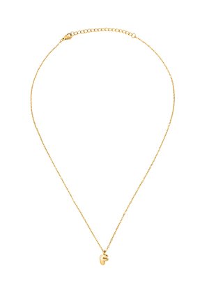 Delicata collana a catena d'oro con piccolo ciondolo a forma di lettera "F" in oro e chiusura a moschettone su sfondo bianco.